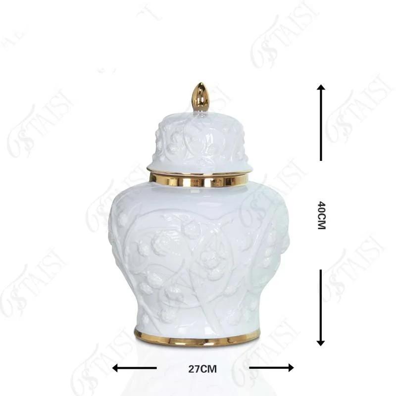 Ceramic Pot Porcelain Ginger Jar Embossed Flower Pattern Storage Tank Flower Vase Shogun Jar Home Decoration Accessories