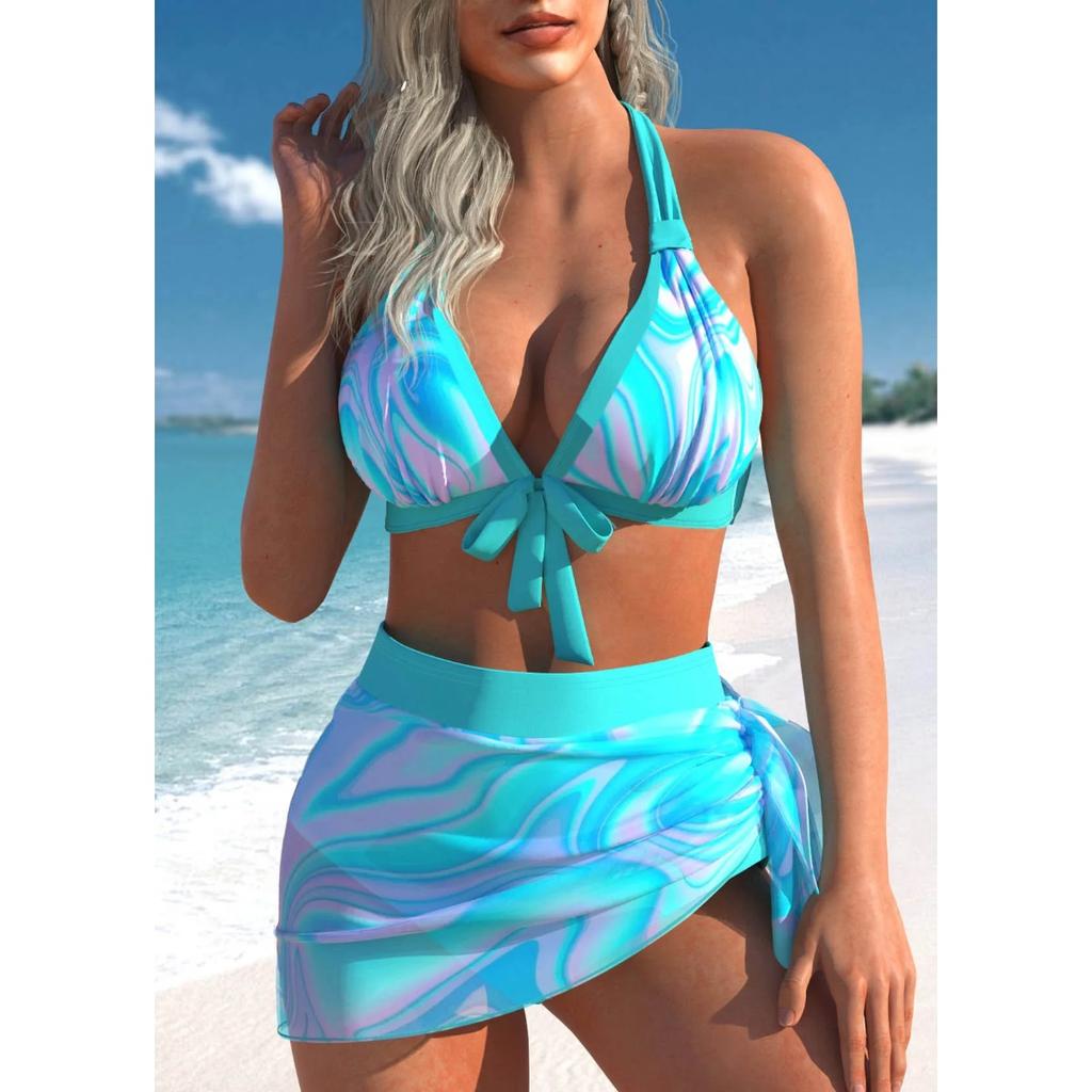New Summer Beach New Women's Bikini Two Piece Swimwear Blue Pink Print Lace Up Bow Beach Dress S-6XL