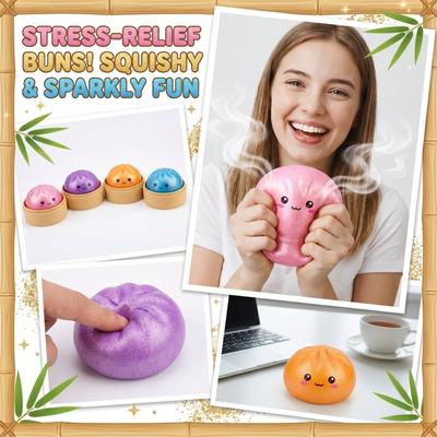 Squishy Stress Relief Toy Slow Rising Soft Squeeze Bun Shape with Glitter and Face Design for Sensory and Anxiety Reduction