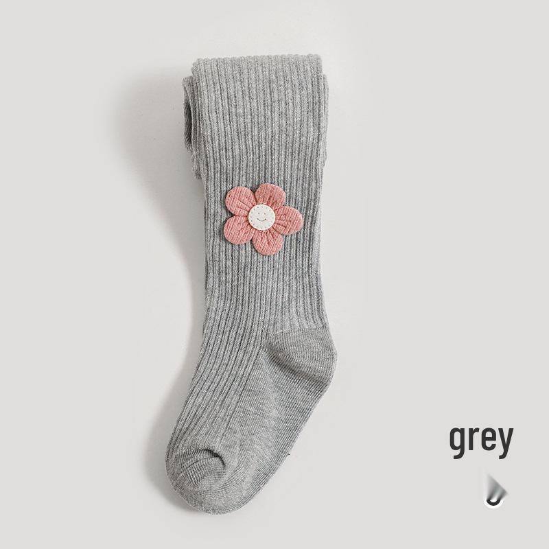 Spring & Autumn Girls' One-Piece Cotton Tights - Solid Striped, Medium Thickness, Sunflower Design