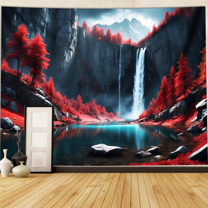 2D Red Tree Waterfall Tapestry Mountain Lake and Waterfall Landscape Wall Hanging