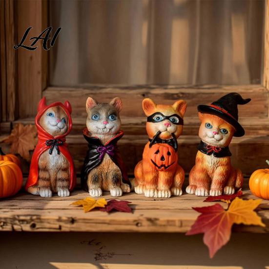 Little Red Riding Hood Cat Halloween Figurine Resin Miniature Statue Desktop Animal Ornaments Wizard Statue with Witch Hat/Cloak/Pumpkin Lamp Design
