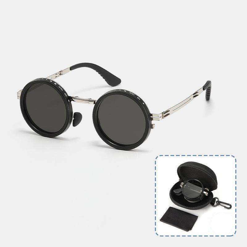 SHAUNA Full-folding Light-reducing Metal Punk ND9-level Adjustable Dimming Round Polarized Sunglasses UV400 With Case