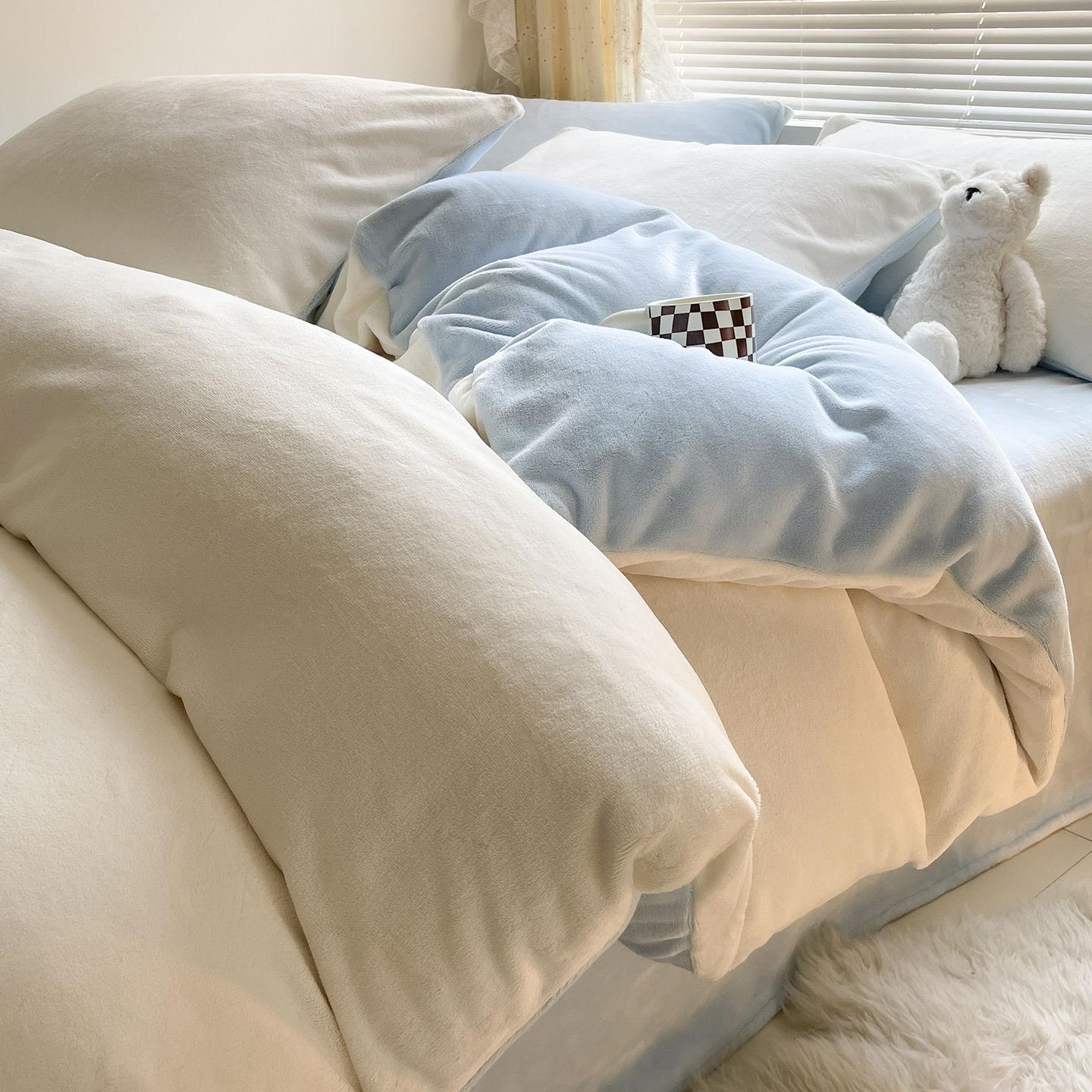 

Solid Color Milk Velvet Faux Rabbit Fur Plush Bedding Set - Thick, Warm, Non-Shedding for Spring, Autumn, and Winter 1.2m Bed Sheet Set Three-piece