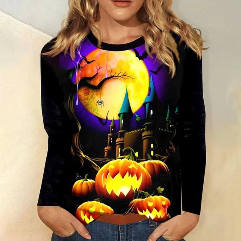 Fashion New Women's Long-Sleeved Exquisite 3d Halloween Witch Print Long-Sleeved Sweatshirt Spring And Autumn Classic Clothing