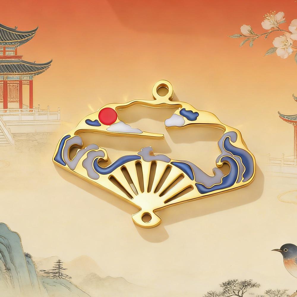 Chinese Style Hollow Fan Charms Stainless Steel Enamel Red Sun Cloud Pendants for DIY Earrings Necklace DIY Jewelry Making Gifts