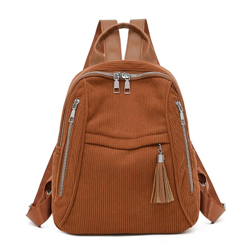 

Women s Large Capacity Backpack Tassel Travel Bag Retro Corduroy Backpack коричневий