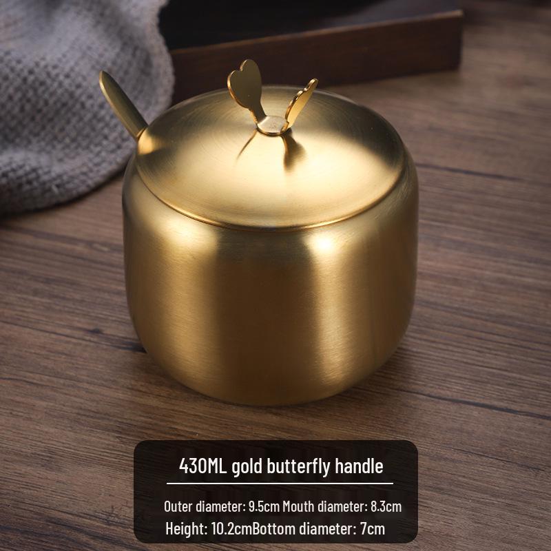 Gold Korean Style 304 Stainless Steel Seasoning Jar with Spoon - Perfect for Chili Sauce, Soy Sauce, or Salt.