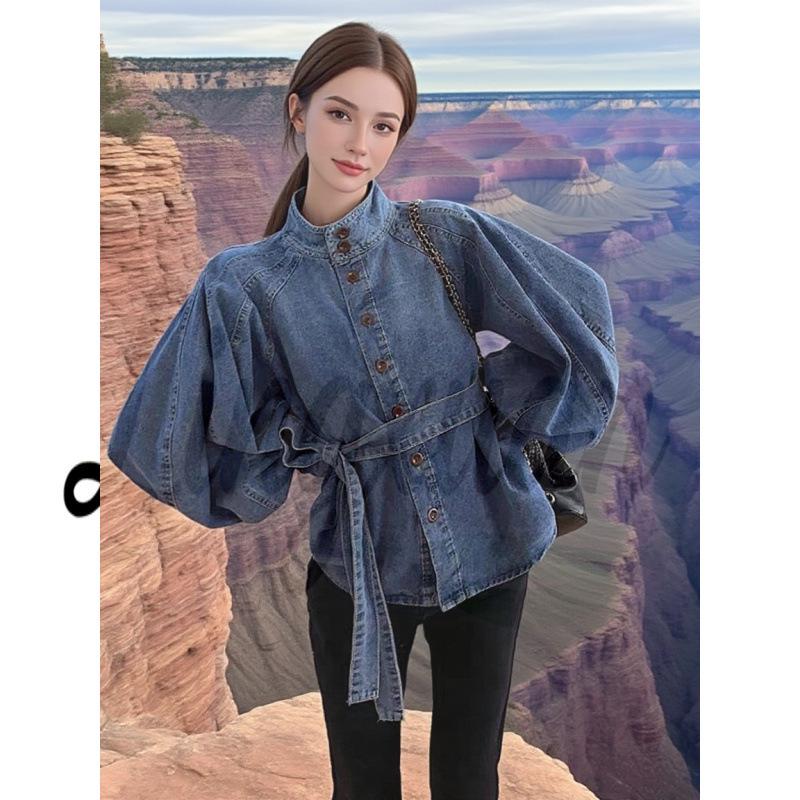 

Retro Light Luxury Denim Top with Tie-Waist and Lantern Sleeves One Size синій