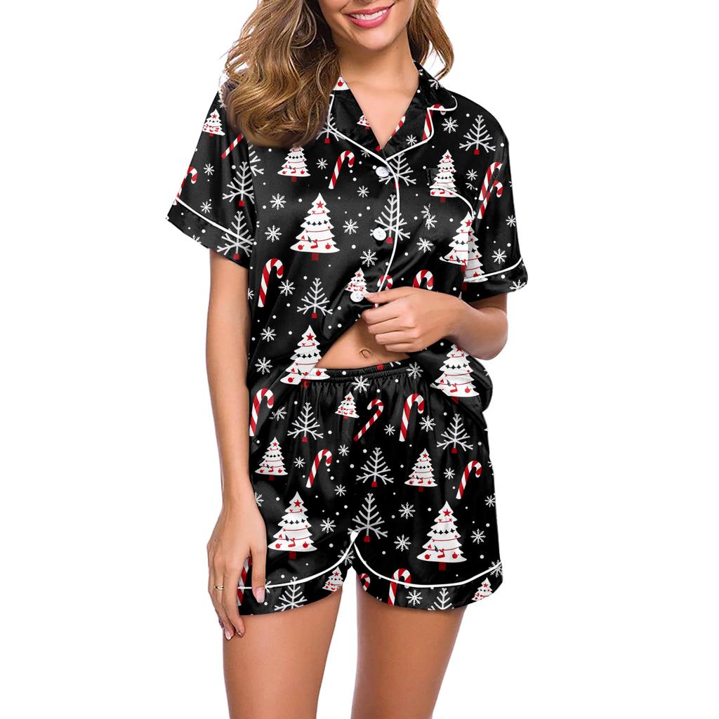 Women's Casual Fashion Christmas Print Short-Sleeve Top And Shorts Homewear Set