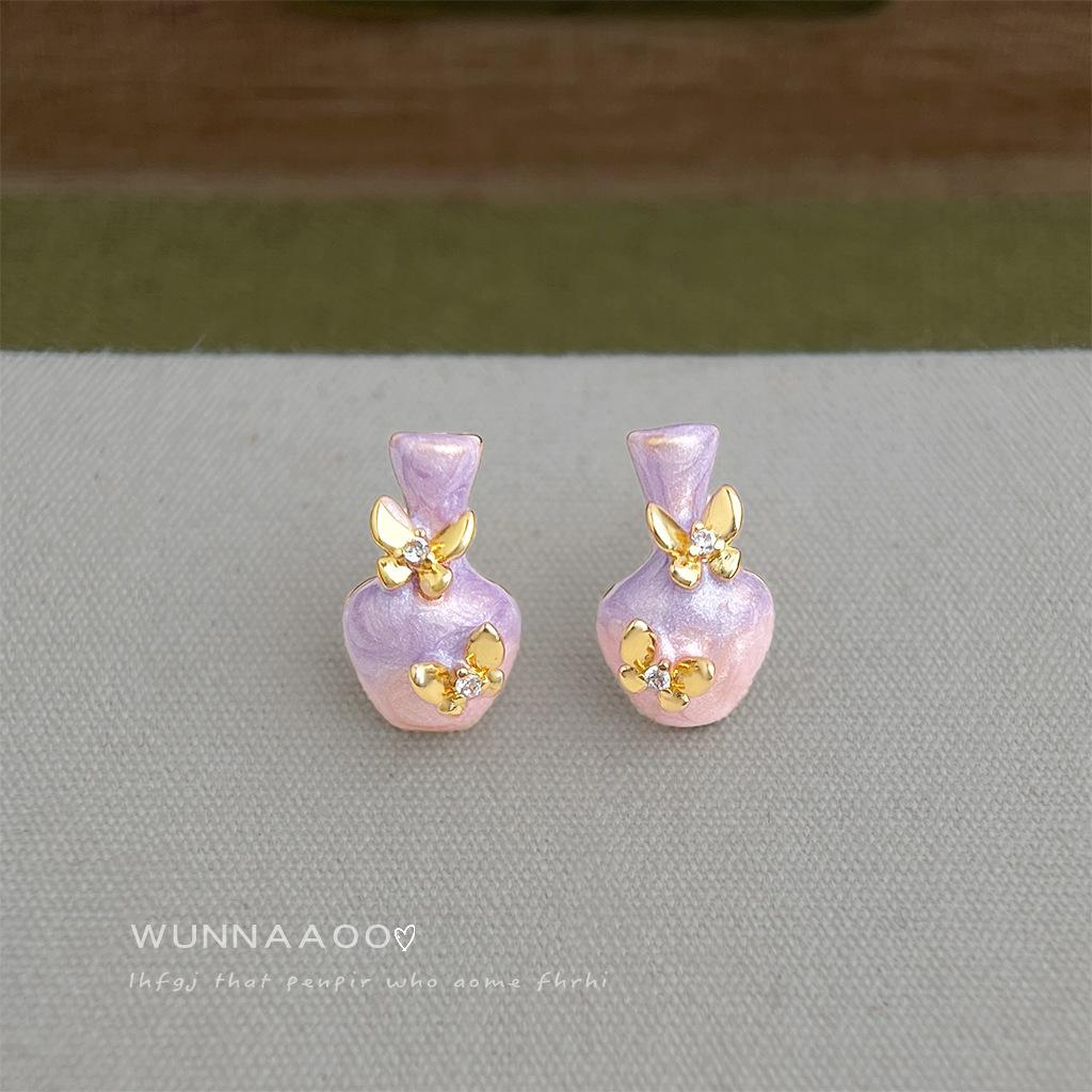 Design vase butterfly enamel drip glaze hand painted s needle earrings fresh and sweet