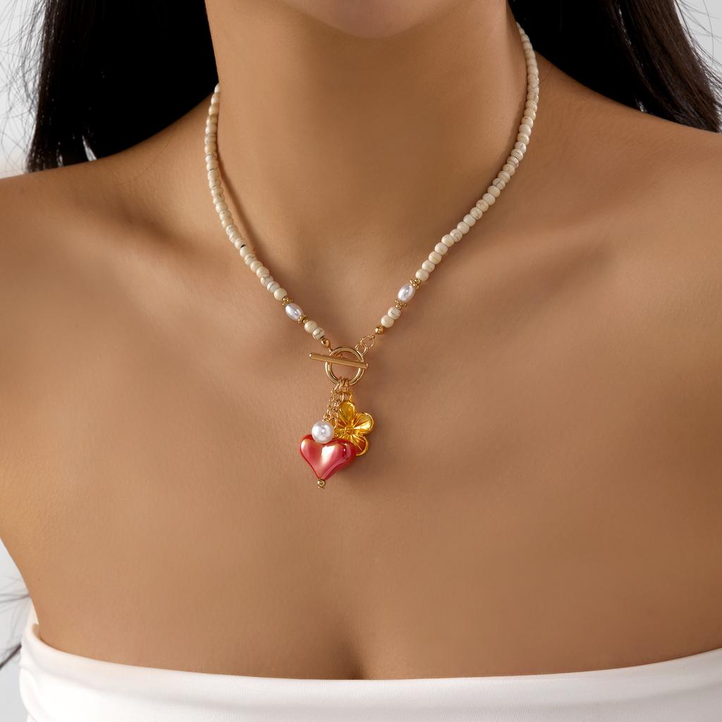 Y2K Colorful Summer Beach Beaded Choker Necklace for Women Heart Pendant Trendy Front Toggle Clasp Dopamine Party Jewelry Gift
