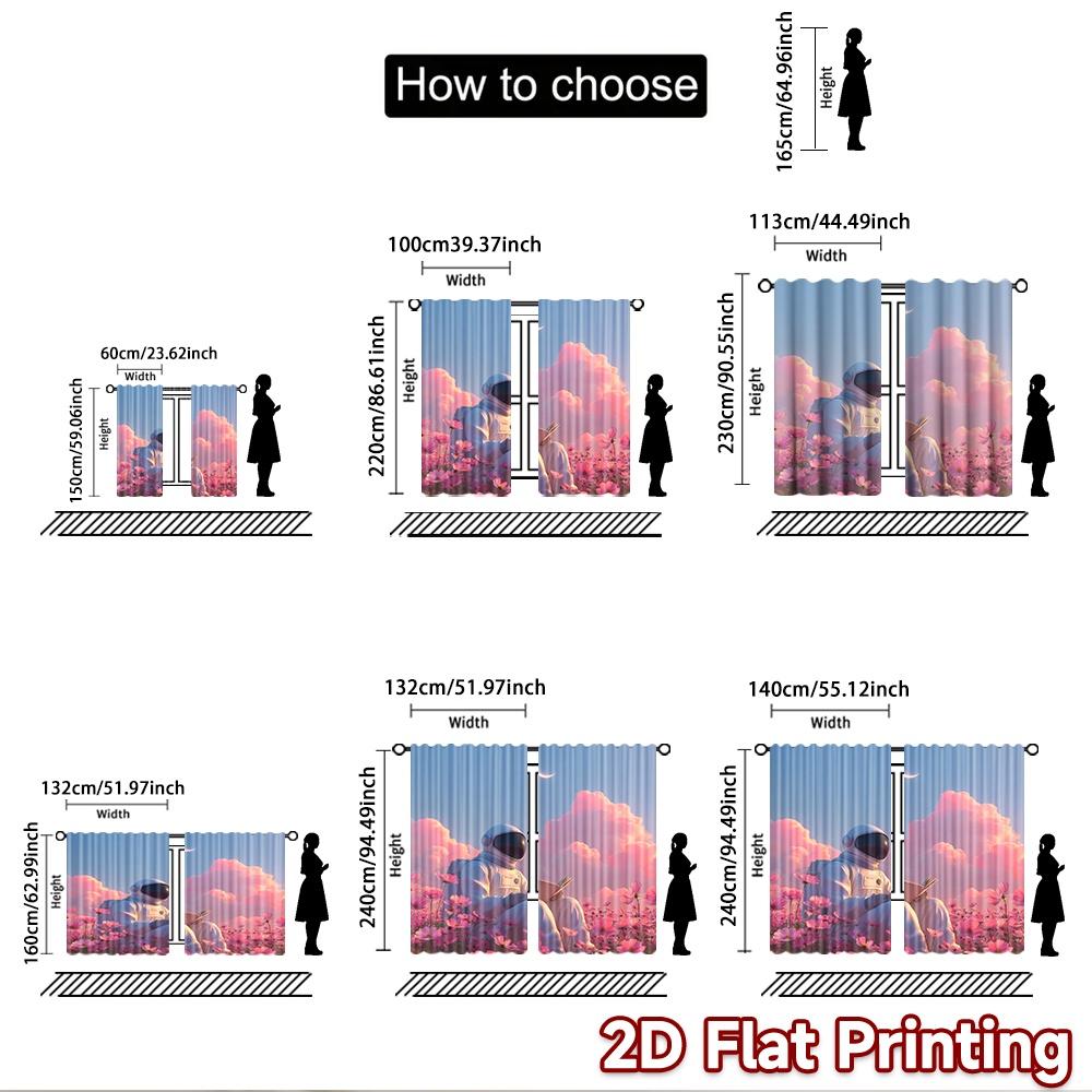 2D flat printing 2pcs Window Curtains Astronaut Reading Pink Flowers Moon Digital Printed Polyester Drapes Family Party