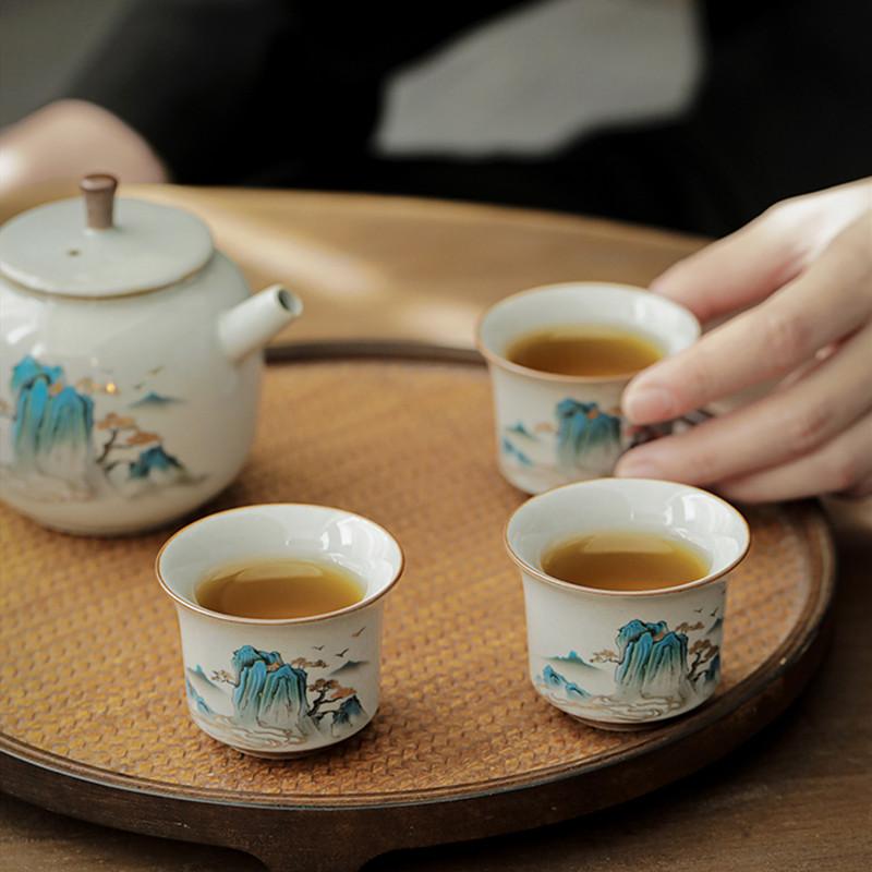 1 Pcs Chinese Retro Ceramic Teacup Handmade Landscape Pattern Tea Bowl Travel Portable Master Meditation Cup Household Tea Set