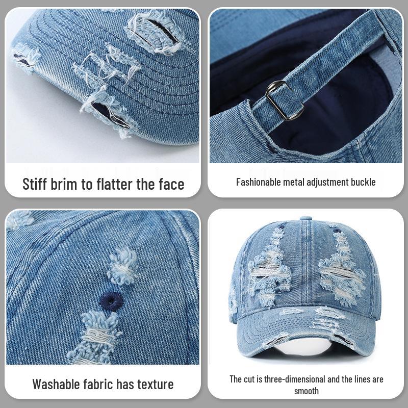 Korean Retro Washed Denim Baseball Cap with Holes for Men and Women - Spring/Autumn Style Sunshade Duckbill Hat