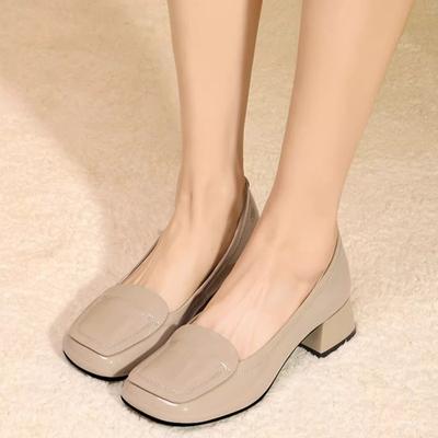 Buty damskie na jednym pedała Buty pojedyncze z kwadratową główką Małe skórzane buty Gruby obcas Buty damskie Uniwersalne buty z lekką cholewką