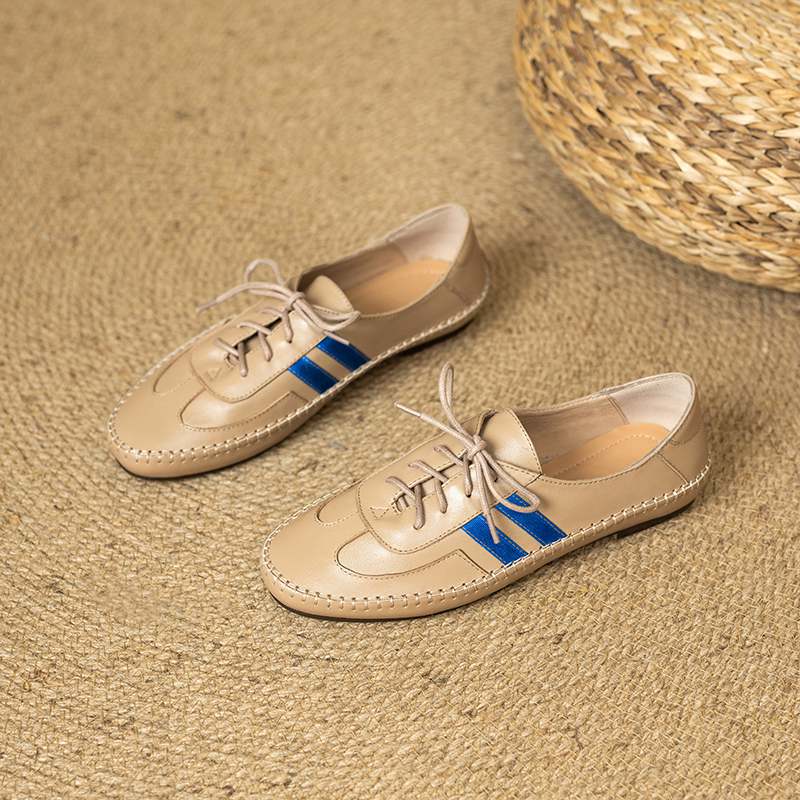 Krazing Pot Cow Skin Round Toe Size 43 Flat with Fashion Lace Up Leisure Handmade Comfortable Light Autumn Sneakers