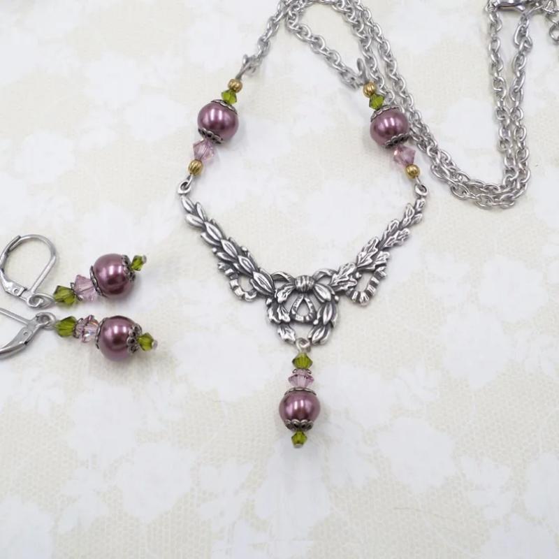 3 Pieces Vintage Floral Hollow Victorian Style Faux Pearl Metal Silver Color Multicolor Pendant Earrings Necklace Set 50+5cm