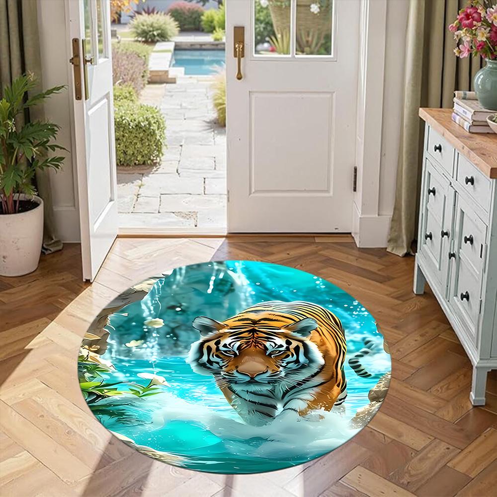 Tiger Round Office Rug Design for Dining Room Playrooms Kitchen Entryway Anti-slip Round Rug Decorate Offices Birthday Christmas Gift