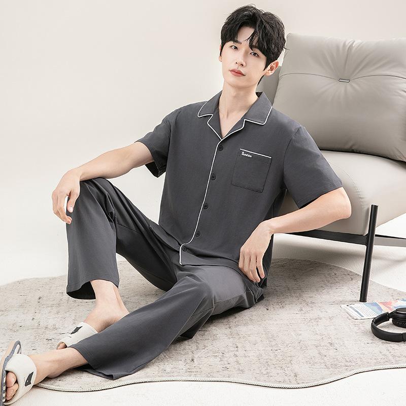 Pajamas men's 1011 new spring and summer pure cotton short-sleeved trousers youth thin can be worn outside loungewear summer suit
