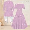 Women Plus Size Black Blue Printed Two Piece Set Square Neck Short Sleeve Tie Waist Flared Dress Long Sleeve Cardigan