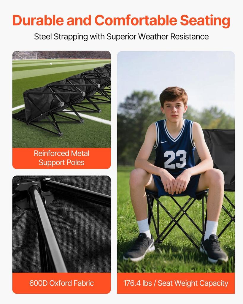 Portable Folding Bench, 6 Seat Soccer Bench with Multiple Storage Pockets & Carrying Bag, Lightweight Sideline Seating with Back Rest for Football,