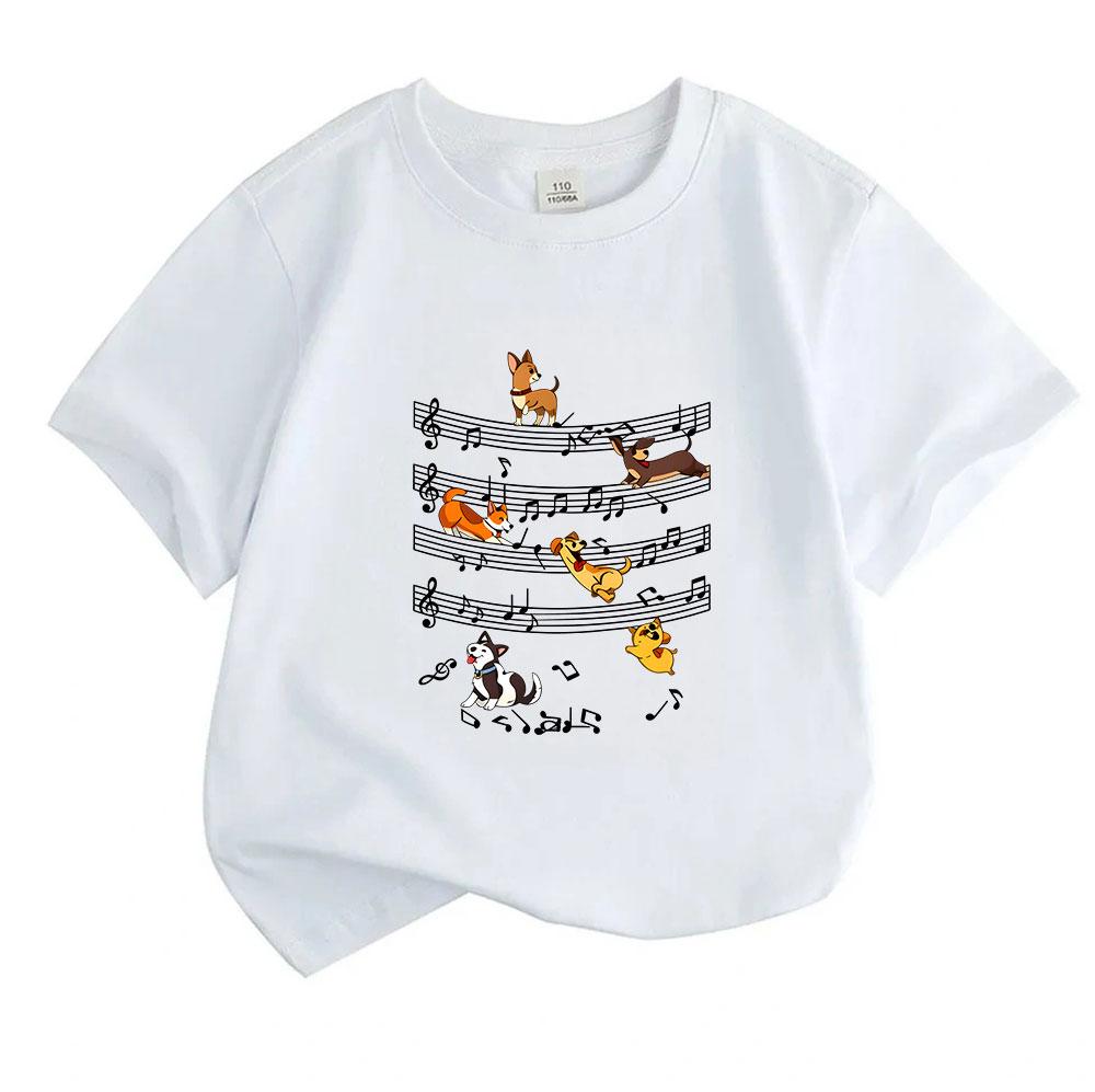 Kids Boys Girls 100% Cotton Crew Neck Short Sleeve T-Shirt Cute Puppies Music Note Pattern Casual Breathable Soft Summer Tee for Music Dog Lovers Chil