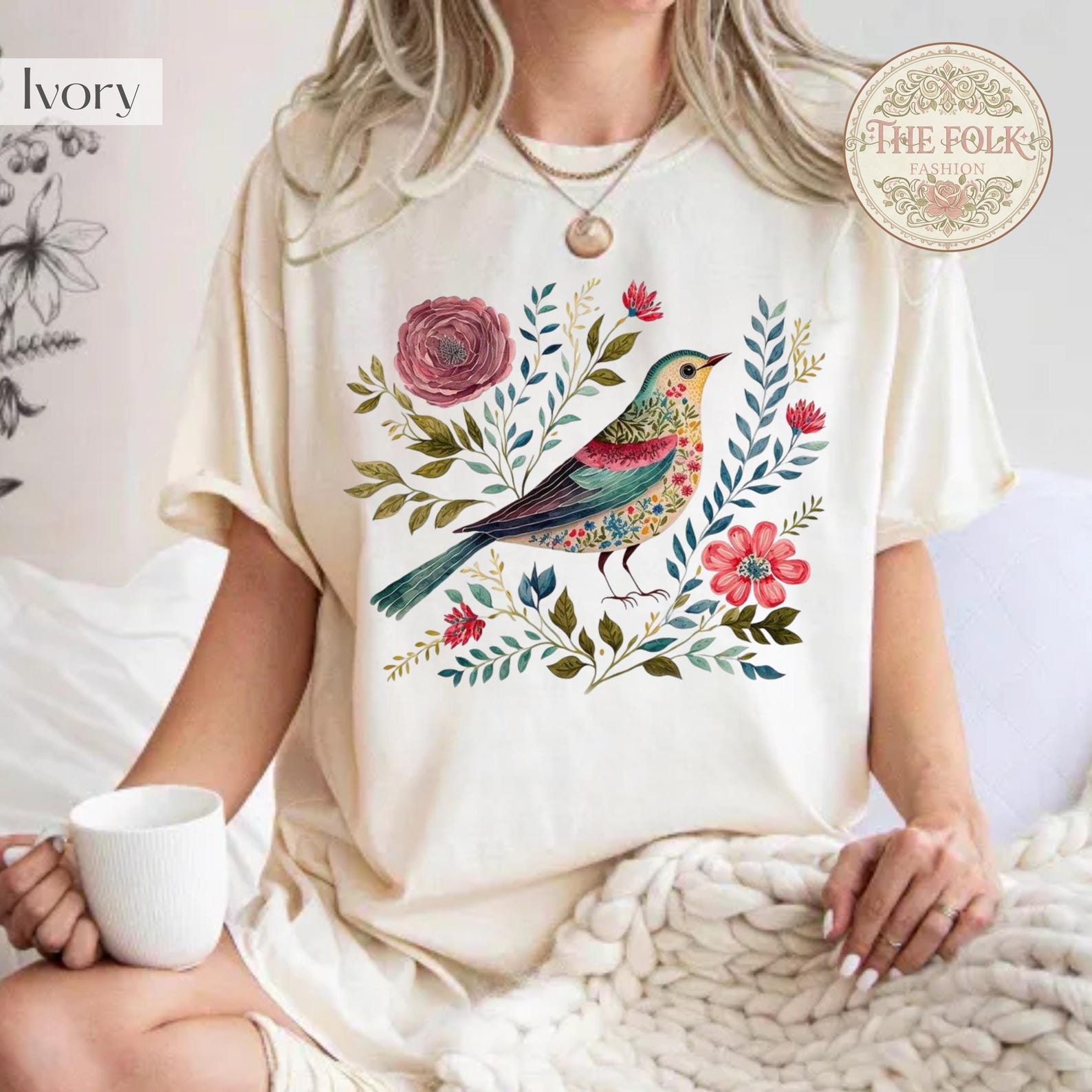 Folk Art Bird Shirt, Vintage Cottagecore T-shirt, Botanical Flower Graphic Tee, Cute Wildflower Bird Tee, Nature Lover Gift, Bird Shirt S