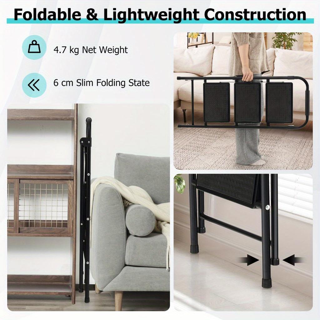 3-Step Folding Ladder Portable Stool Ladders Metal Heavy-Duty Stepladder 150kg Load Household w/Anti-Slip Pedal Handle Black