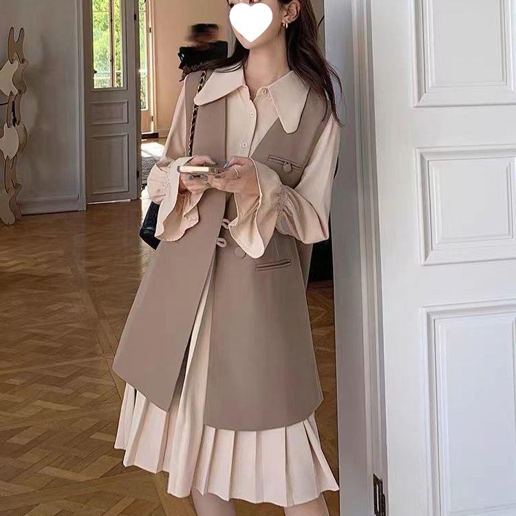 

Plus Size Women s Fashionable Mid-Length Two-Piece Pleated Shirt Dress Set S Recommend up to 100 jin