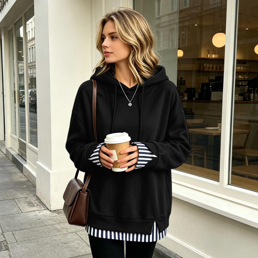 Women's Casual Long Sleeve Sweatshirt with Striped and Plaid Patchwork, Loose Fit, Two-Piece Look