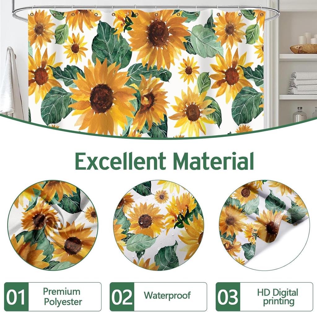 Sonnenblumen Duschvorhang - Aquarell Sonnenblume & Grüne Blätter Bauernhaus Badezimmerdeko, Rustikal Floral
