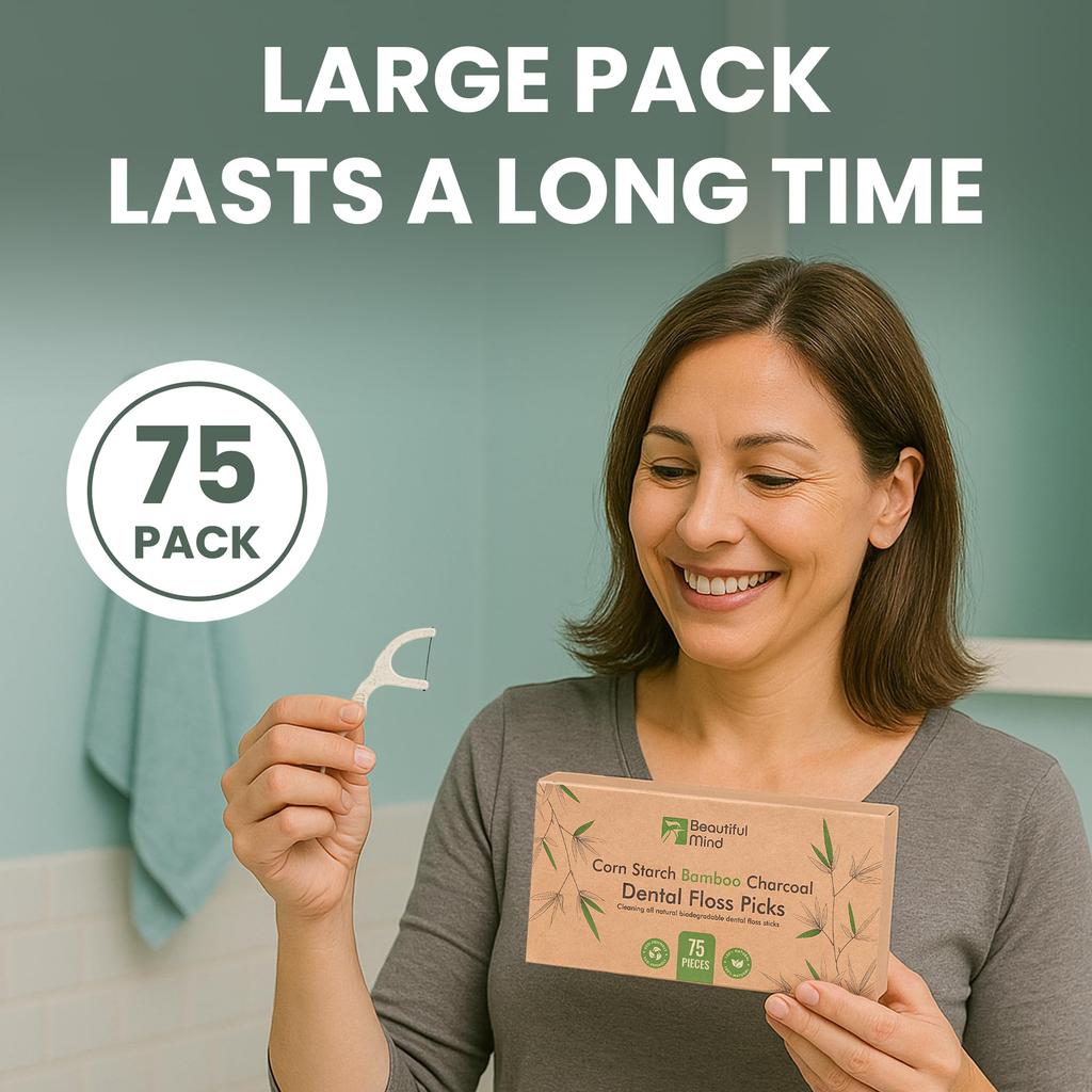 Beautiful Mind Eco Friendly Dental Floss Picks for Teeth Cleaning - All Natural Biodegradable Dental Floss Sticks - Strong Bamboo Charcoal Floss