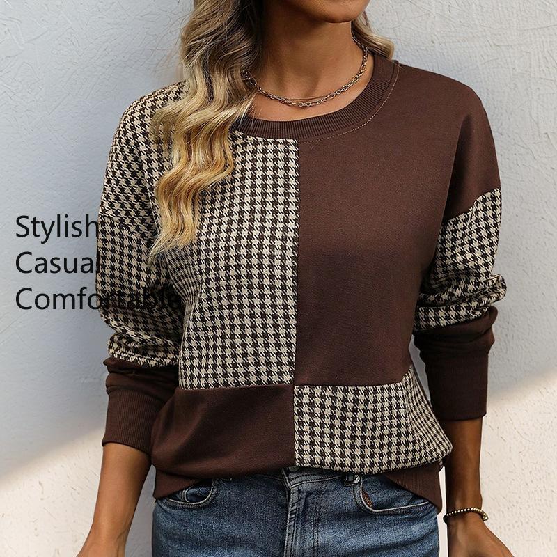 YYFS Women's Fashion Casual Houndstooth Print Fall Winter Long Sleeve O-Neck Pullovers & Long Sleeves