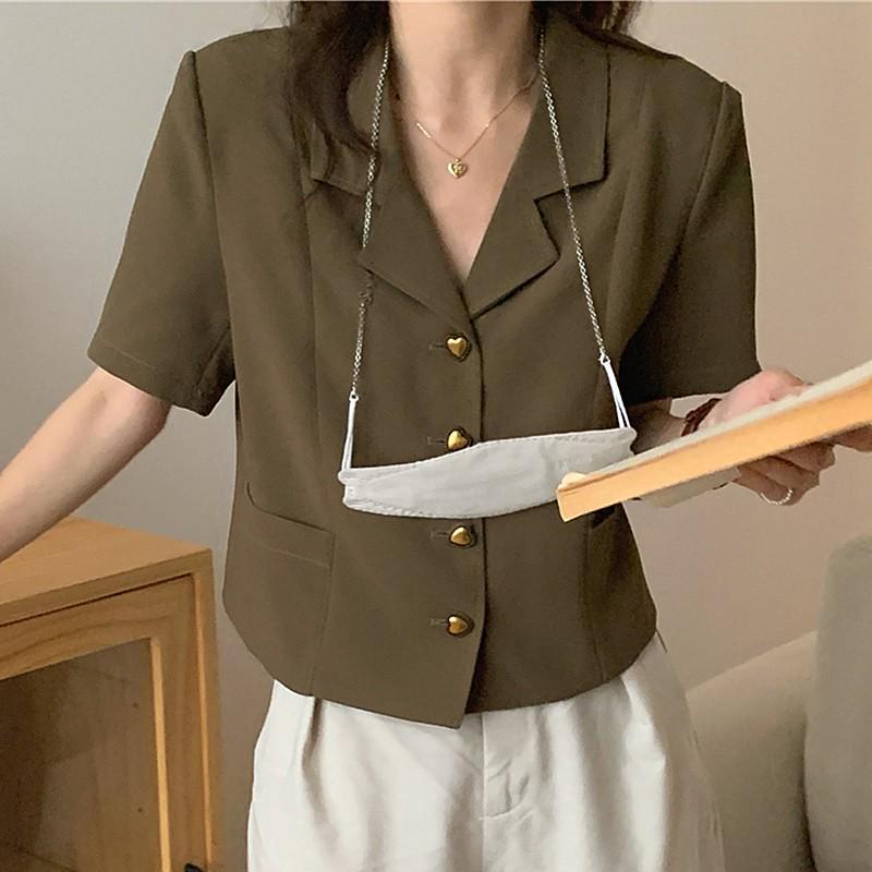 

Korean Chic Retro Minimalist Heart-Button Lapel Short Sleeve Casual Suit Shirt for Women Small армия зеленый