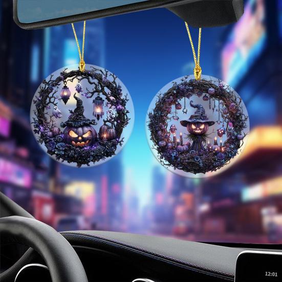 Halloween Pumpkin Witch Pendant Car Rearview Mirror Hanging Ornament 2D Flat Acrylic Bag Charm Festive Gift for Car Enthusiasts