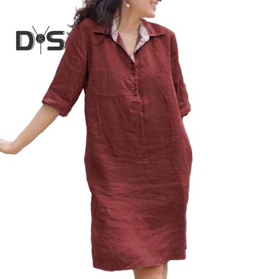 Women Dress Loose Three Quarter Sleeves Solid Color Lapel Knee Length Soft A Line Casual Spring Summer Midi Dress