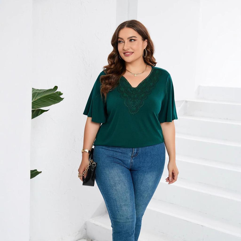 2023 Women's Plus Size Lace Trim Flared Short Sleeve Top