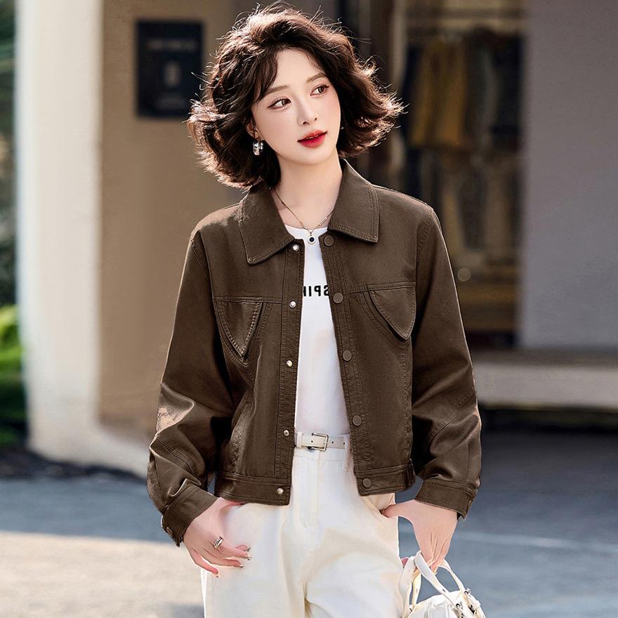 Spring and Autumn New Fashion Lapel Soft Leather Top Jacket Women's Versatile Skinny Casual Jacket Women's Trend