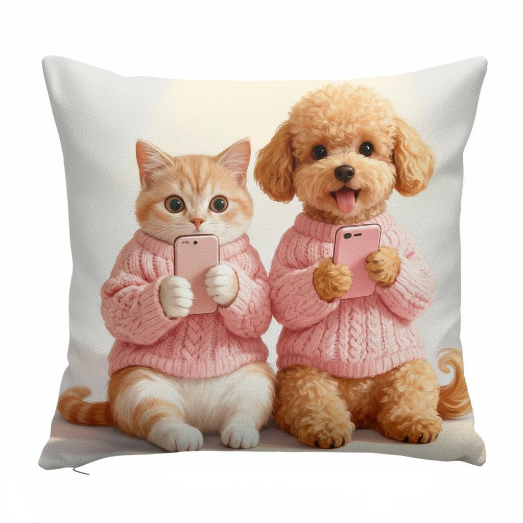 Vibrant Bohemian Style Short Plush Pillow Cover 45x45cm Charming Kitten Living Room Bedroom Decor (Pillow Insert Not Included)