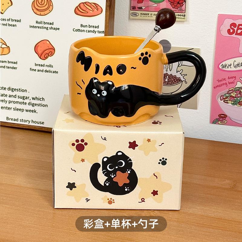 Cute Cat Stackable Ceramic Mug, Couple Coffee Cup for Home and Office, Creative Cat Drinking Cup Gift for Women