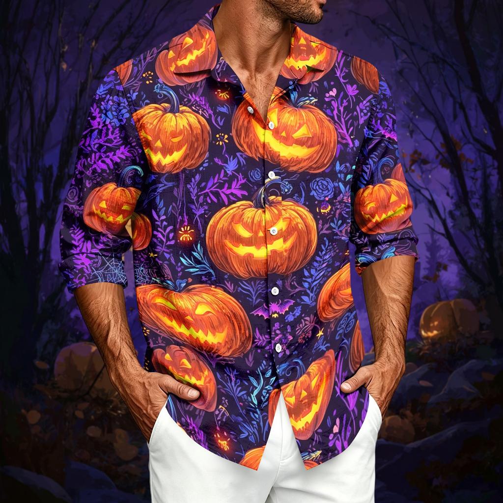 Men's Casual Long-Sleeve Shirt with Halloween Print for Spring ,Summer and Fall