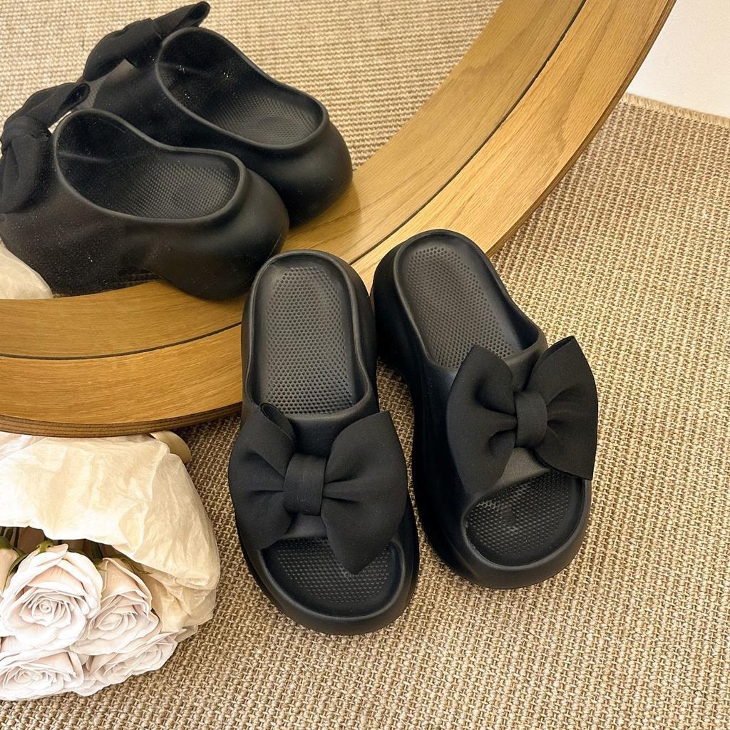 Height-increasing platform casual beach shoes 2025 summer and autumn new French fashion bow one-word slippers women's outer wear