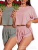 Women's Summer Pajamas Two-piece Set Striped Short Sleeve T-Shirt Split Shorts Loungewear