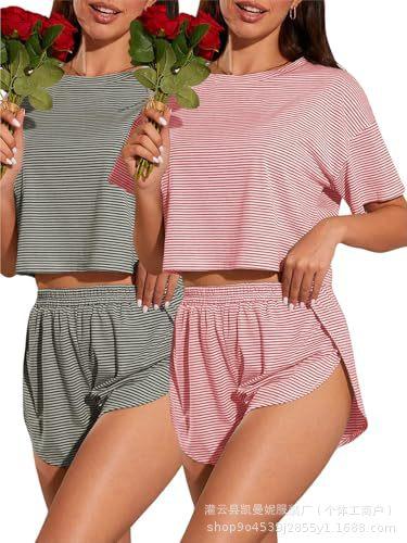Women's Summer Pajamas Two-piece Set Striped Short Sleeve T-Shirt Split Shorts Loungewear