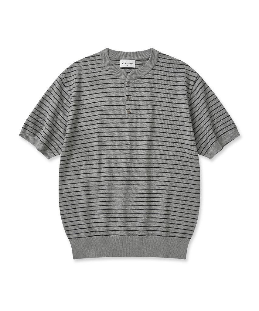 CUZNELLO Cool Cotton Striped Henley Neck Short Sleeve Knit_Gray