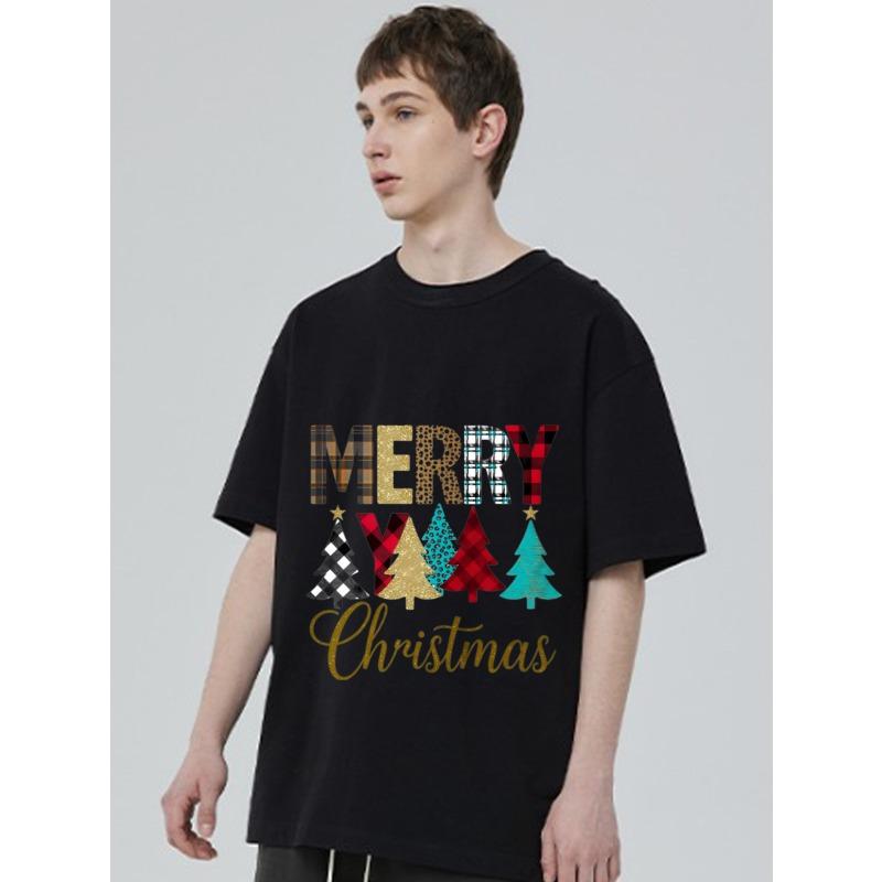 Merry Christmas T Shirt Black Plaid and Glitter Tree Pattern for Holiday Season