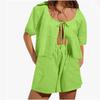 Summer Vintage Plaid Outfit Loose V Neck Puff Sleeve Front Tie-Up Blouse Top Shorts Women 2 Piece Set