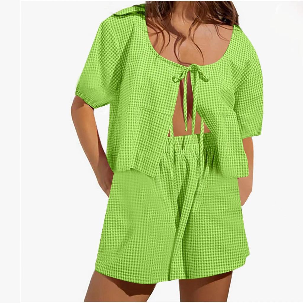 Summer Vintage Plaid Outfit Loose V Neck Puff Sleeve Front Tie-Up Blouse Top Shorts Women 2 Piece Set