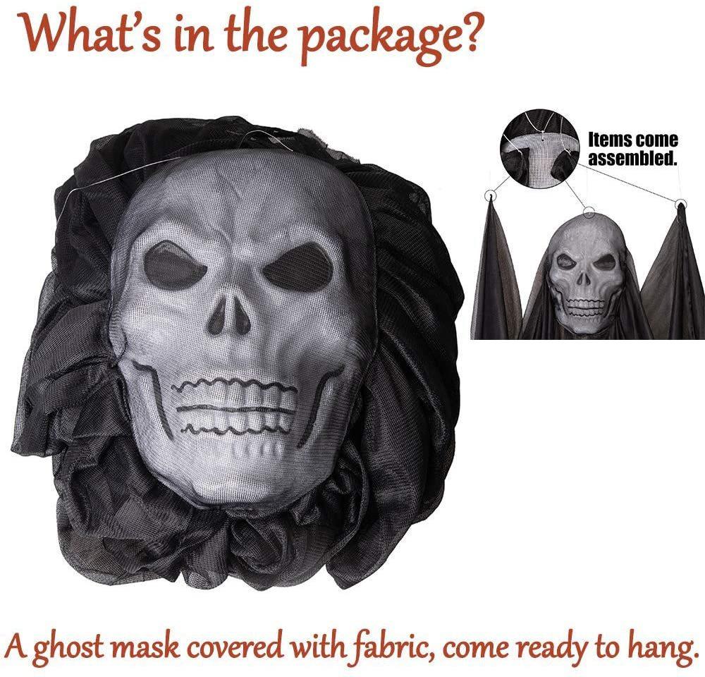 

1pcs Halloween decorations, ghosts hanging ghosts, flying yarn ghosts with skull masks, lights and scary sounds.